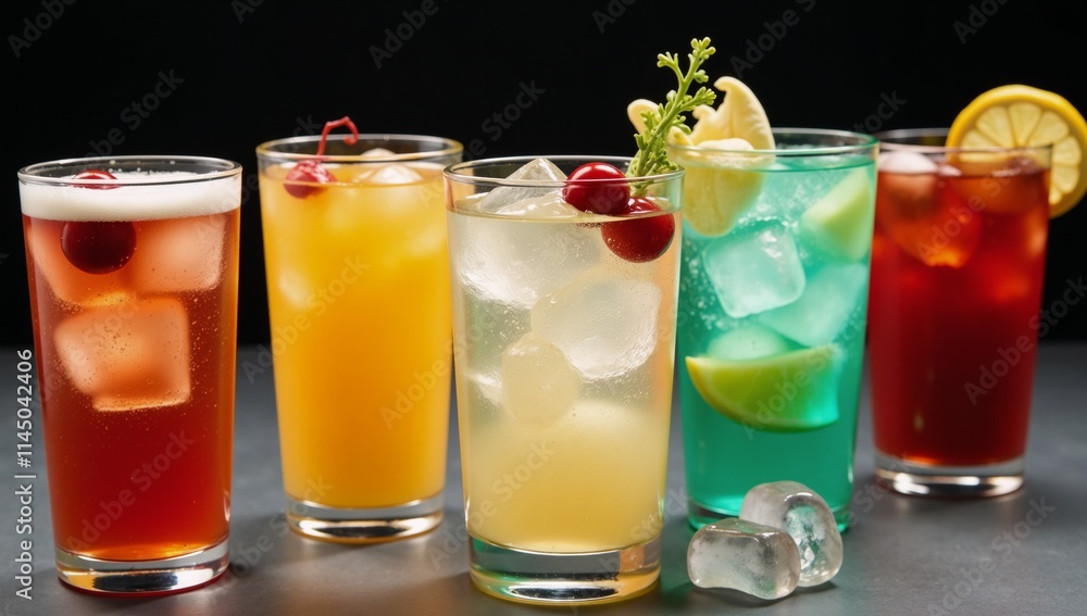 Fototapeta premium Ready-to-serve assorted cocktails adorned with ice cubes and garnishes