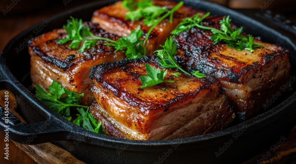 Iron Pot with Red Braised Pork Belly, Garnished with Coriander and Chili Peppers Iron Pot with Red Braised Pork Belly, Garnished with Coriander and Chili Peppers