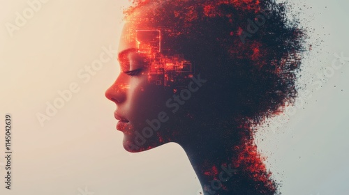 Ethereal Portrait of a Woman with a Vivid Abstract Mindscape Representing Creativity and Technology Integration in a Contemporary Artistic Style