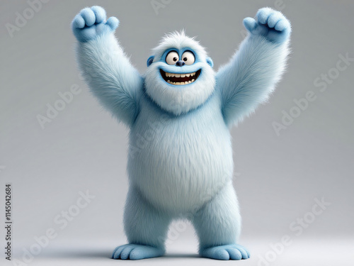Happy baby yeti with arms raised, smiling joyfully.