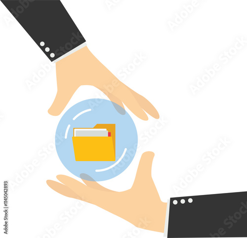 Crystal magic ball and two hands touching crystal ball with digital folder. Backup up data transfer. Organize files folder. Modern vector illustration in flat style

