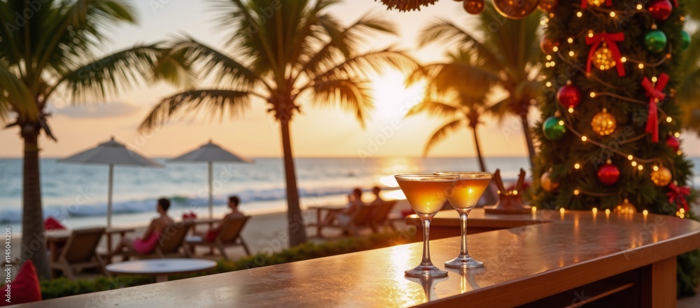 Tropical Christmas Celebration with Palm-Fringed Beach Festive Decorations and Golden Sunset Cocktails Tropical Christmas Celebration with Palm-Fringed Beach Festive Decorations and Golden Sunset Cocktails