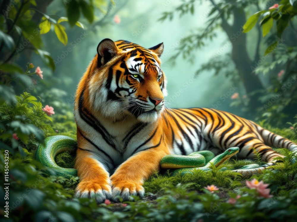 Obraz premium Majestic Tiger and Green Snake in a Lush Jungle Setting