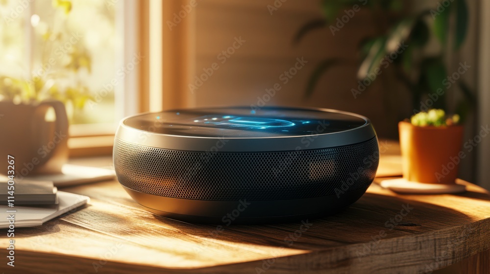 Modern Smart Speaker on a Wooden Table in a Cozy Room with Natural Light, Showcasing Technology and Design in a Home Environment Modern Smart Speaker on a Wooden Table in a Cozy Room with Natural Light, Showcasing Technology and Design in a Home Environment