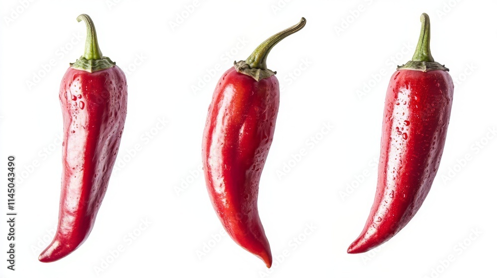 Three Fresh Red Chili Peppers with Water Drops - Vibrant and Fresh Vegetables