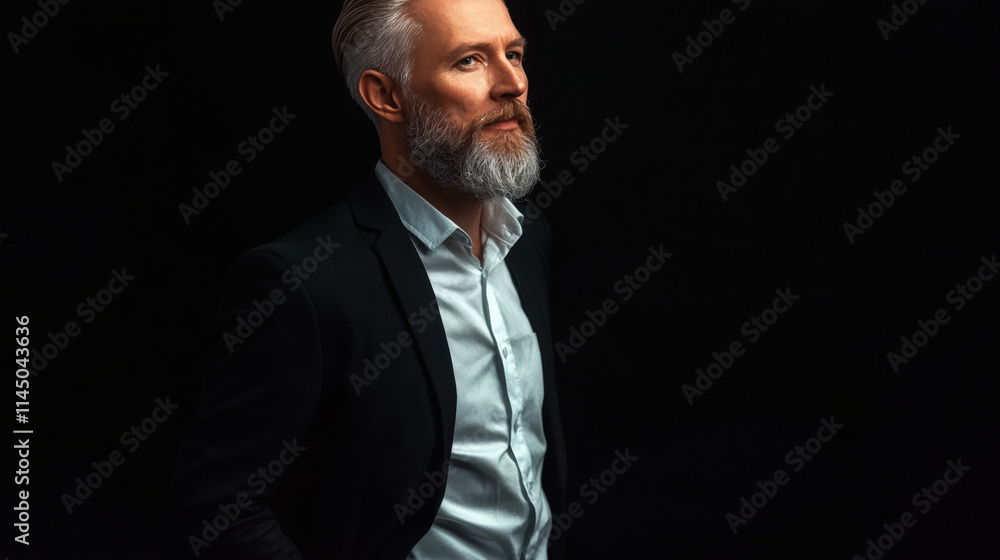 Portrait of a confident, stylish man with a white beard wearing a dark suit, posed against a dramatic black background Portrait of a confident, stylish man with a white beard wearing a dark suit, posed against a dramatic black background