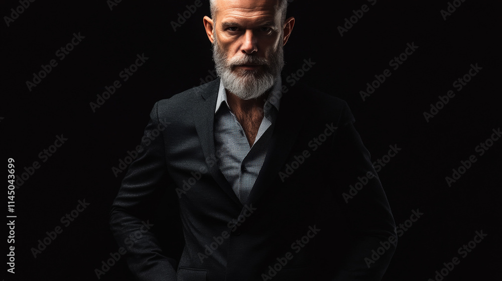 Portrait of a confident, stylish man with a white beard wearing a dark suit, posed against a dramatic black background Portrait of a confident, stylish man with a white beard wearing a dark suit, posed against a dramatic black background