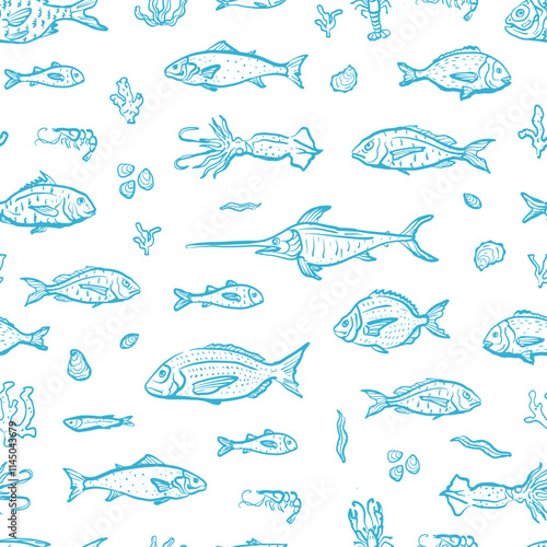 Sea food seamless pattern. Lobster, crab, shrimp and squid hand drawn illustration. Ocean delicacy wallpaper. Blue white design for branding, restaurant and menu.