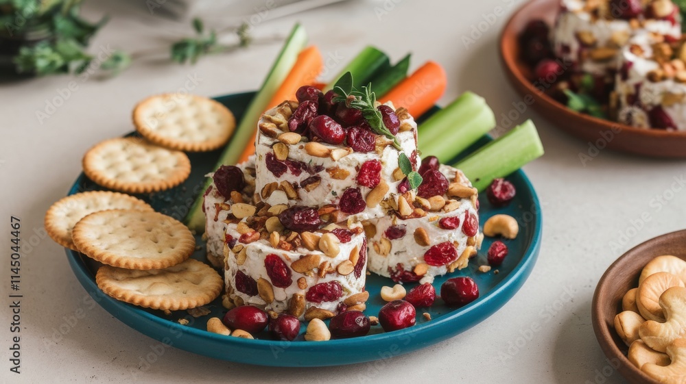 A plate of vegan cashew cheese, rolled in cranberries and nuts. The cheese is decorated with fresh herbs. There are crackers and vegetable sticks on the plate. A plate of vegan cashew cheese, rolled in cranberries and nuts. The cheese is decorated with fresh herbs. There are crackers and vegetable sticks on the plate.