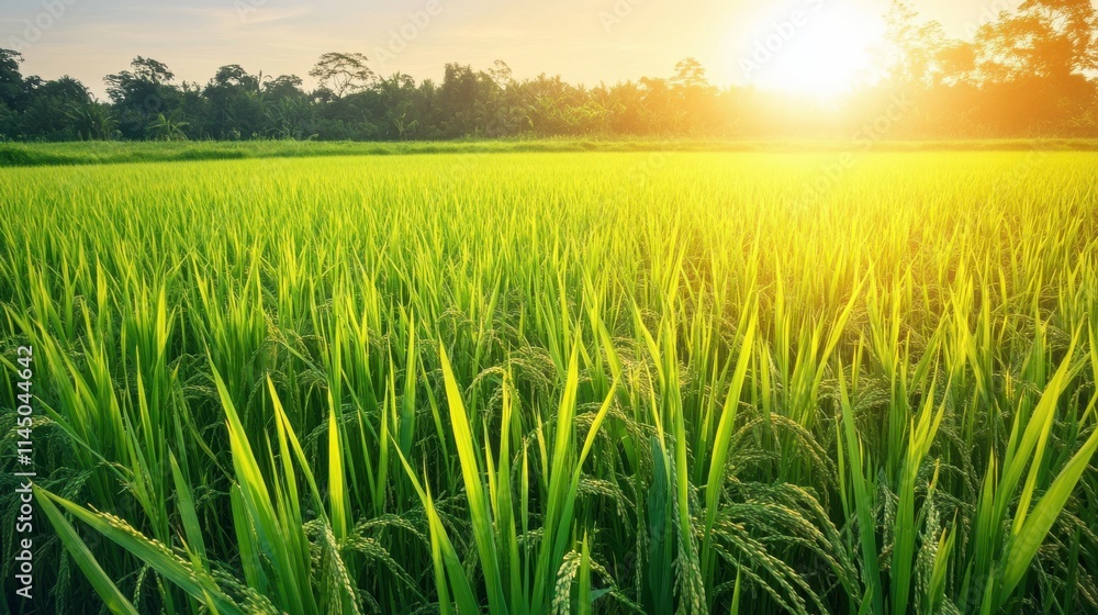 Lush Green Rice Field Under a Beautiful Sunset with Golden Sunlight Illuminating the Landscape of Nature's Serenity and Agricultural Abundance Lush Green Rice Field Under a Beautiful Sunset with Golden Sunlight Illuminating the Landscape of Nature's Serenity and Agricultural Abundance