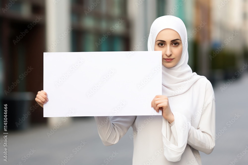 A woman wearing a hijab holds a blank placard, expressing her thoughts and feelings, symbolizing freedom of speech and the possibility of self-expression A woman wearing a hijab holds a blank placard, expressing her thoughts and feelings, symbolizing freedom of speech and the possibility of self-expression