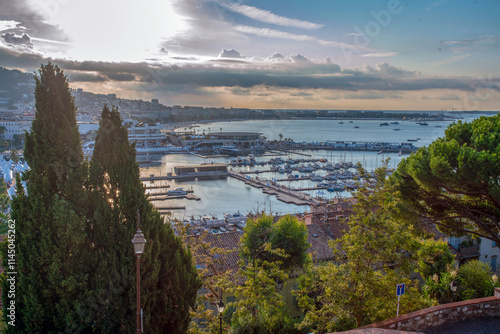 A mazing aerial panorama  on IGY Vieux-Port of Cannes and Palais des Festivals in sunbeams. Many sailboats photo