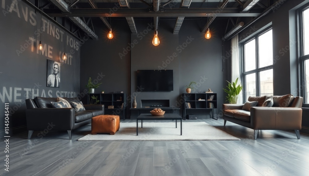 A modern industrial-chic living room featuring metallic skirting boards, exposed steel beams, Edison bulb fixtures A modern industrial-chic living room featuring metallic skirting boards, exposed steel beams, Edison bulb fixtures