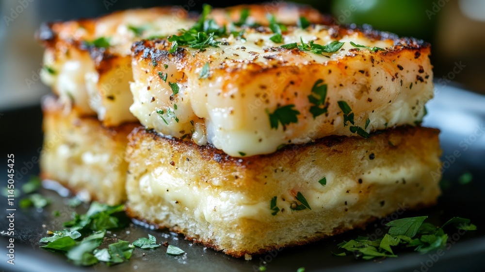 Crispy Layered Dish with Golden Crust, Soft Cheese Filling, and Fresh Herb Garnish on a Black Plate, Perfect for Gourmet Culinary Photography Crispy Layered Dish with Golden Crust, Soft Cheese Filling, and Fresh Herb Garnish on a Black Plate, Perfect for Gourmet Culinary Photography