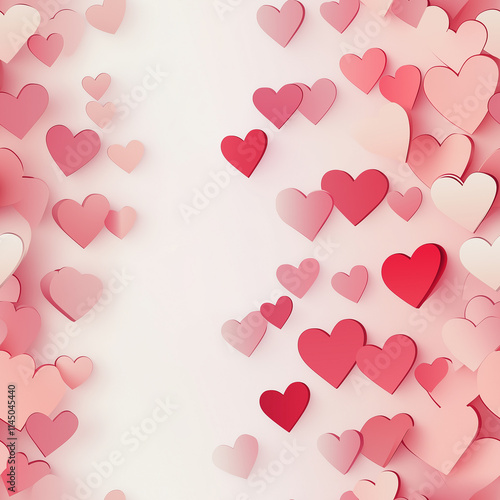 Pattern of small hearts with smooth gradient from white to light pink, on white background. Space for text and design, Valentine's Day concept.