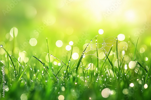 Dew-covered spiderwebs glisten in morning light among vibrant green grass and sparkling droplets