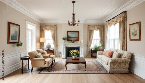 A classic colonial-style living room with wide white skirting boards, elegant crown molding, vintage furniture photo