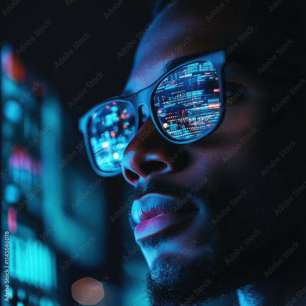 IT Professional in Glasses Working with Digital Data and Graphs on Computer Screen