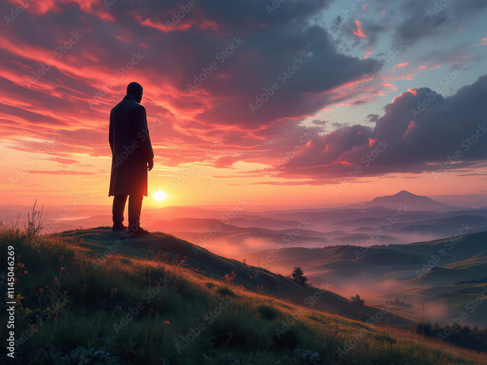 Obraz premium Giant, silhouette, sunset, mountains, landscape, orange sky, clouds, dramatic, scenic, nature, adventure, fantasy, mythical, large figure, standing, horizon, dusk, evening, panorama, vast, open, wilde