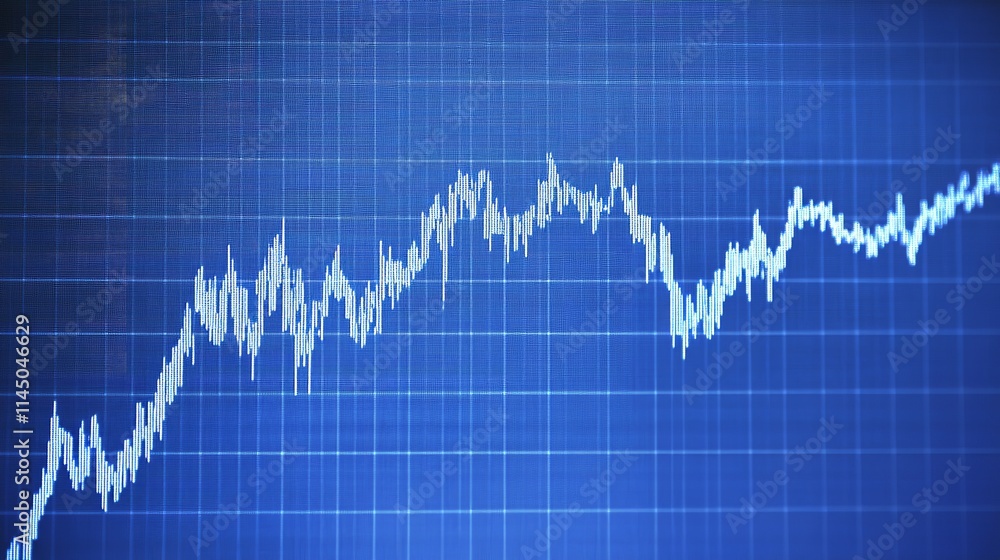 Naklejka premium This close-up financial chart features a stock market candlestick graph with an upward trend line on a blue monitor background. Generative Ai