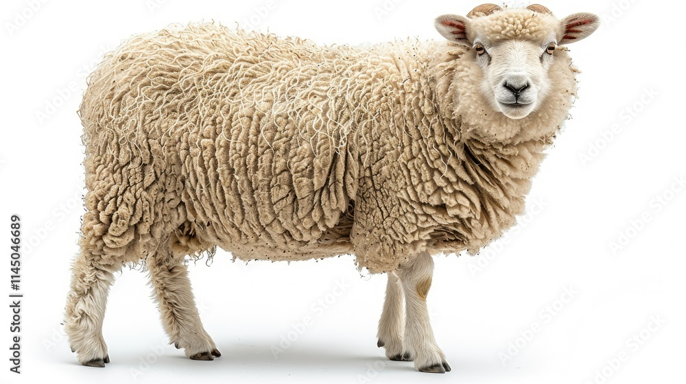 Fototapeta premium A fluffy sheep stands on a white background, showcasing its woolly texture and form.