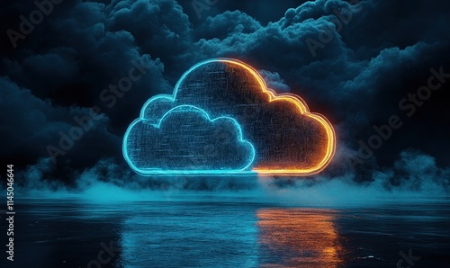 Digital cloud concept illuminated against a dark sky with swirling clouds and reflections on water