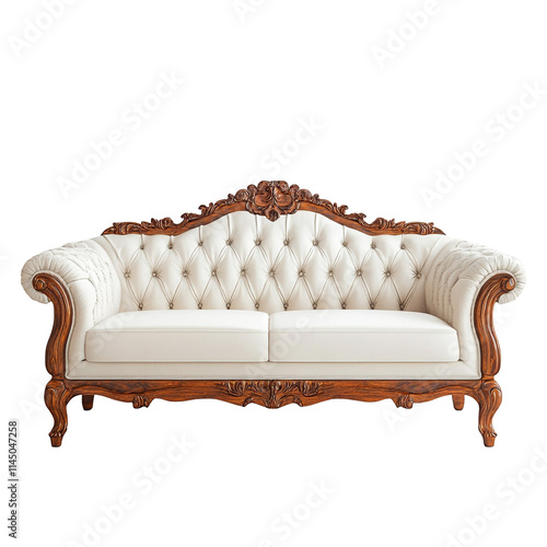 Elegant White Sofa with Intricate Wooden Frame photo