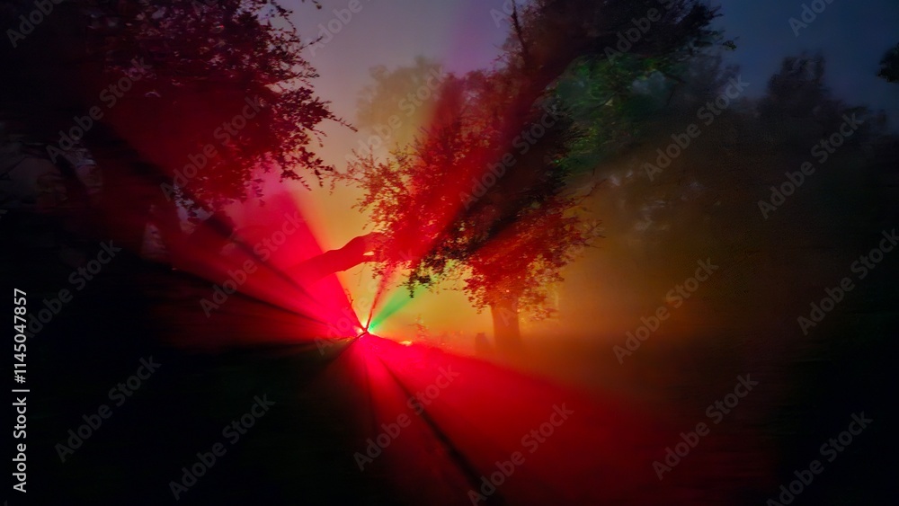 Obraz premium spooky colored light in a foggy mountain forest at night