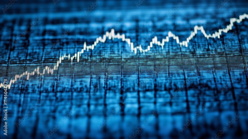 This close-up financial chart features a stock market candlestick graph with an upward trend line on a blue monitor background. Generative Ai This close-up financial chart features a stock market candlestick graph with an upward trend line on a blue monitor background. Generative Ai
