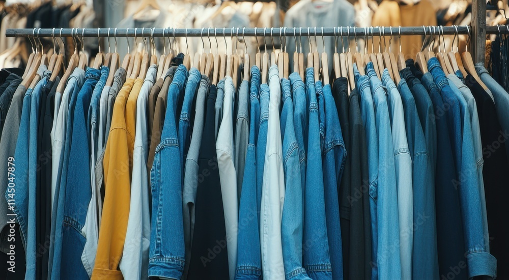 Many different colored jeans hanging on a rack Many different colored jeans hanging on a rack