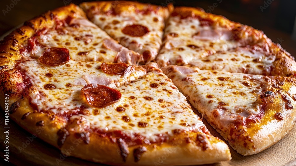 Delicious pepperoni and ham pizza sliced on wooden board. Delicious pepperoni and ham pizza sliced on wooden board.