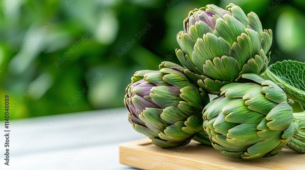 Three fresh artichokes on wooden board. Three fresh artichokes on wooden board.