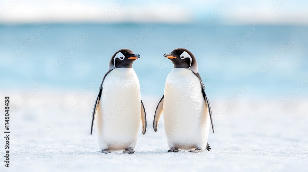 Naklejka premium Two penguins facing each other on snowy ground near ocean.