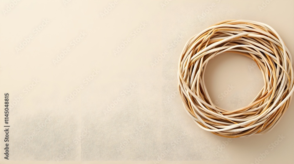 Natural Twisted Rattan Vine Wreath on Soft Beige Background Natural Twisted Rattan Vine Wreath on Soft Beige Background