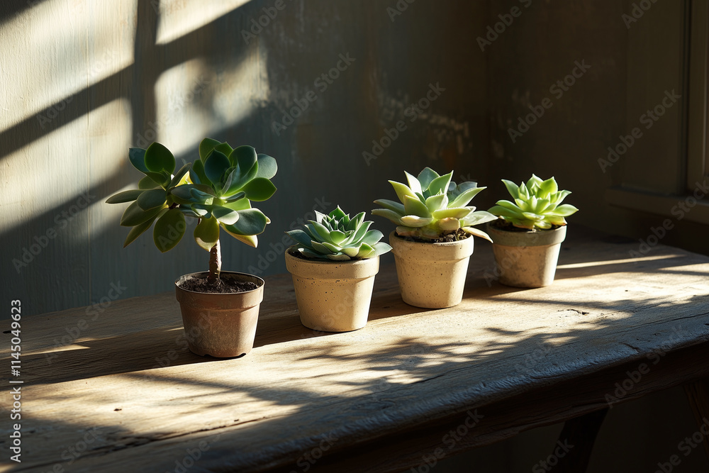 Display of potted succulents on a rustic wooden table illuminated by soft sunlight in a cozy indoor setting Display of potted succulents on a rustic wooden table illuminated by soft sunlight in a cozy indoor setting
