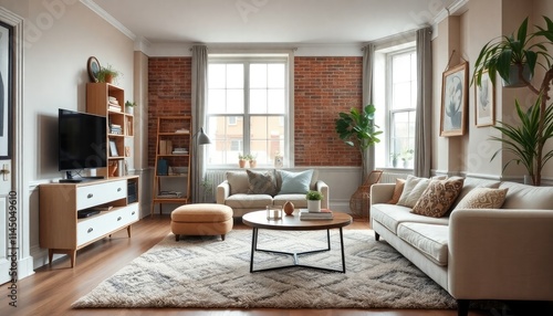 A cozy urban studio apartment with light gray skirting boards, a plush rug, and a combination of stylish modern furniture and vintage accessories for character