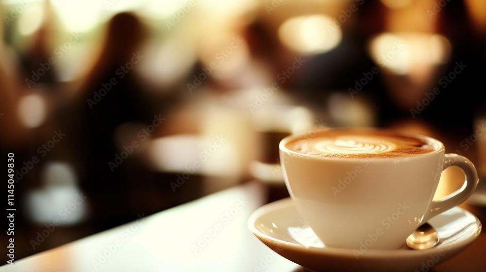 Fototapeta premium Aesthetic coffee cup with a latte art, set in a cozy café ambiance, inviting warmth and relaxation.