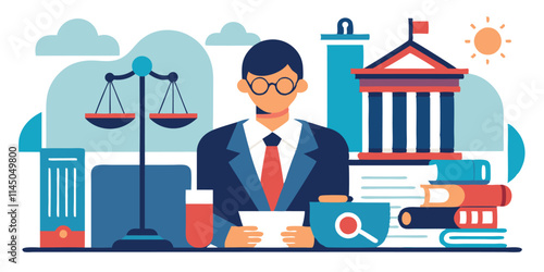 Lawyer reviewing legal documents at a desk with scales and courthouse in background during a sunny day