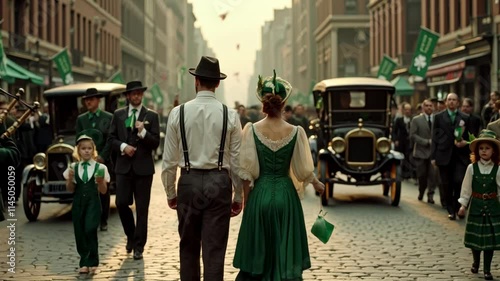 Couple wearing period clothing walking in st. Patrick's day parade in new york city, circa 1920