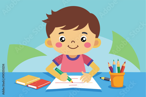 Child engaged in creative activity using colorful crayons and paper in a bright indoor setting with art supplies around