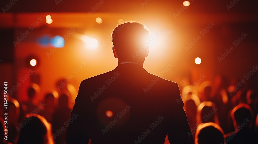 Silhouette of a man in a suit speaking to an engaged audience, captured in warm, soft lighting. Silhouette of a man in a suit speaking to an engaged audience, captured in warm, soft lighting.