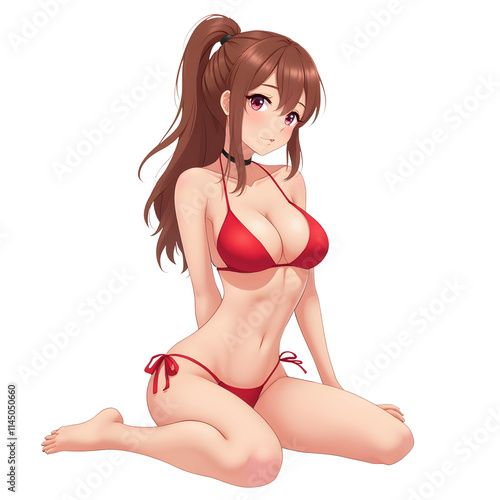 Anime girl in red bikini sitting on an isolated transparent background.