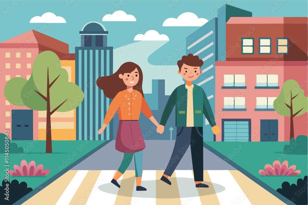 Couple walking hand in hand through a vibrant urban neighborhood during a sunny day in a picturesque setting Couple walking hand in hand through a vibrant urban neighborhood during a sunny day in a picturesque setting