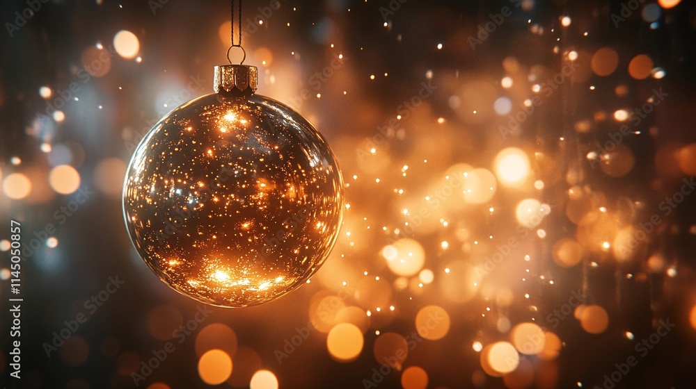 Obraz premium A shimmering golden Christmas ornament surrounded by sparkling lights, creating a magical festive ambiance.