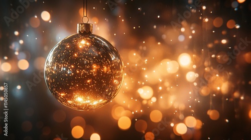 A shimmering golden Christmas ornament surrounded by sparkling lights, creating a magical festive ambiance.