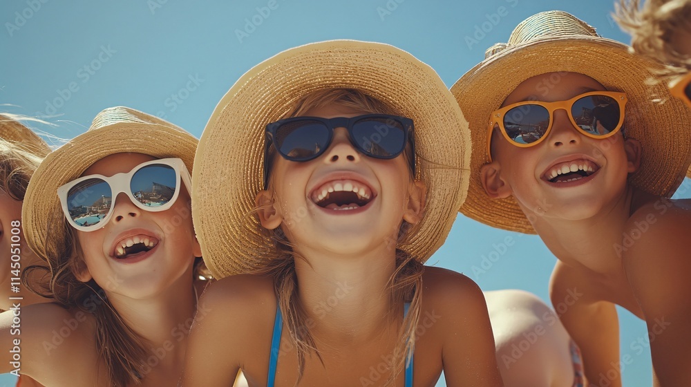 Three joyful children wearing summer hats and sunglasses, laughing together on a sunny beach. Three joyful children wearing summer hats and sunglasses, laughing together on a sunny beach.