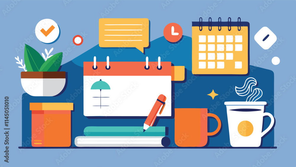 Creative workspace setup with calendar, stationery, and plants for productivity and organization in a modern environment Creative workspace setup with calendar, stationery, and plants for productivity and organization in a modern environment