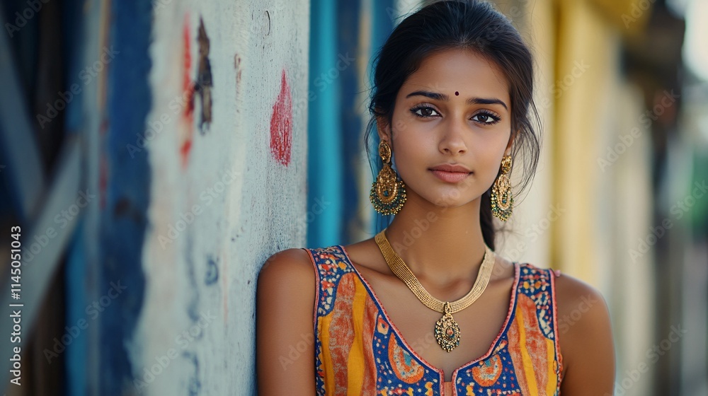 Naklejka premium A young South Asian woman exudes elegance in traditional attire, framed by colorful urban textures.
