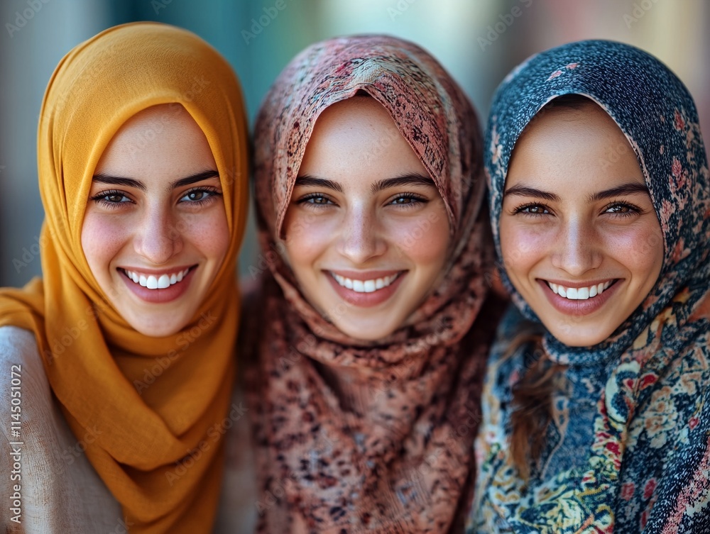 Portrait of Three Women Wearing Headscarves in an Urban Setting. Portrait of Three Women Wearing Headscarves in an Urban Setting.