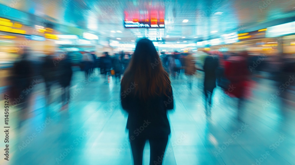 A woman with long hair walks through a busy train station, captured in a motion blur that conveys the rush of city life. A woman with long hair walks through a busy train station, captured in a motion blur that conveys the rush of city life.